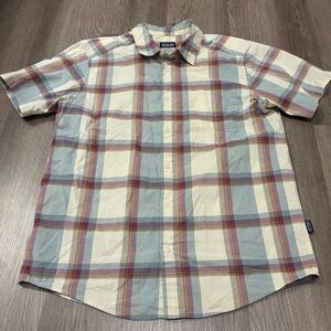 Patagonia Go To Plaid Button Up Short Sleeve‎ Shirt Men’s Medium White/Blue